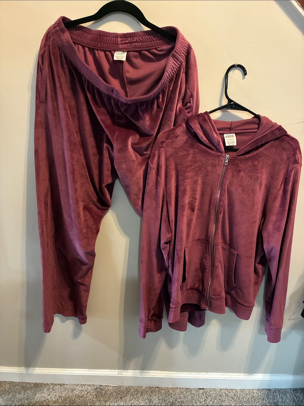 PINK Victoria's Secret Plush Wide Leg Velour Sweatsuits in Plum